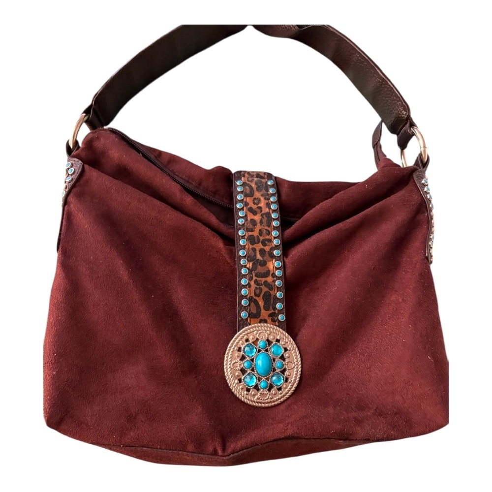 Brown and Blue Hobo Bag with Turquoise Accents Shoulder Bag